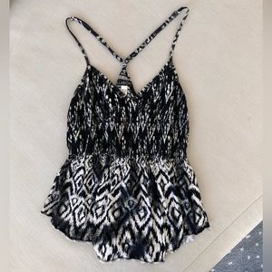 Billabong tribal Aztec black white tie-dye gray smocked peplum Sweetheart top